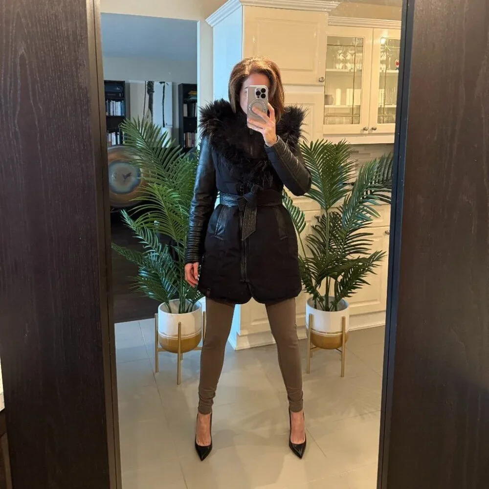 Black Down Parka with Leather Details and Removable Fur, Rudsak, US M